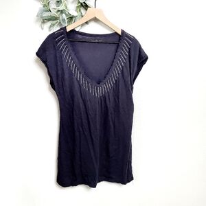 Calvin Klein Beaded Open V Neck Tee Shirt Embellished Top, Sz Small